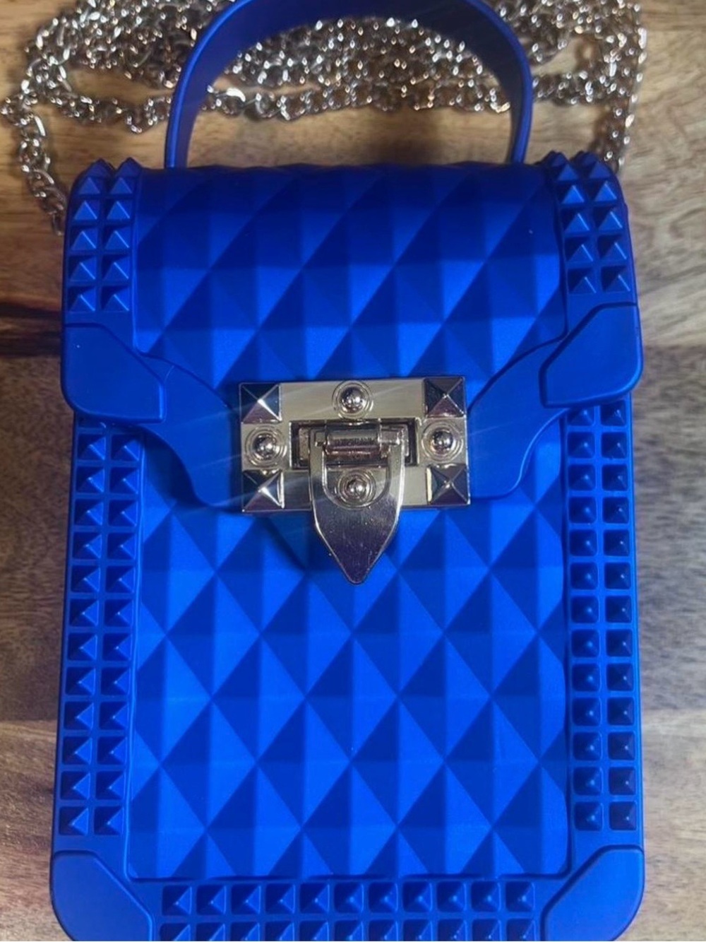 Most Wanted: Blue Pyramid-Textured PVC-Jelly Crossbody Bag with Gold Chain